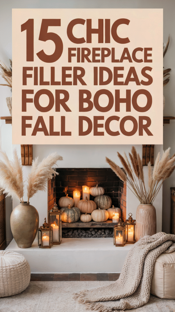 Cozy boho fall fireplace decor with pumpkins, pampas grass, and candles for a chic, warm ambiance.
