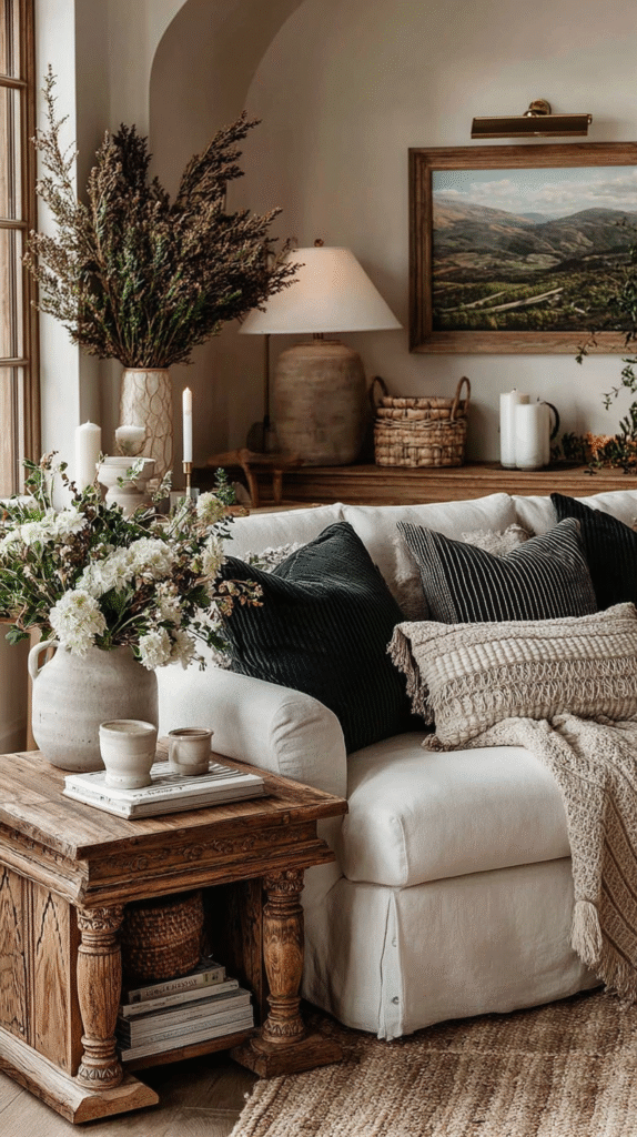 french-cottage-living-room-oldandnew Cozy living room with white sofa, cushions, wooden table, and flower vase. Earthy tones create a warm, inviting atmosphere.