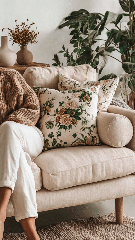 french-cottage-living-room-prints Cozy beige sofa with floral pillows and lush green plants in a stylish, earthy living room setting.