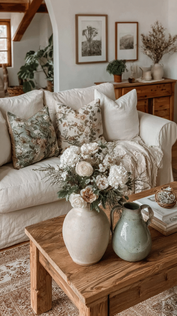 french-cottage-living-room-prints2 Cozy living room with floral pillows, wooden coffee table, vases, and a white sofa for a warm, rustic vibe.