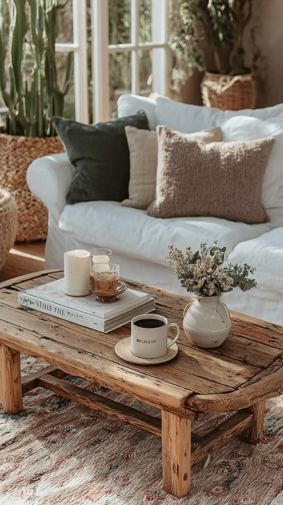 french-cottage-living-room-raw-wood Cozy living room with rustic wooden coffee table, candles, flowers, and cushions, creating a warm, inviting atmosphere.