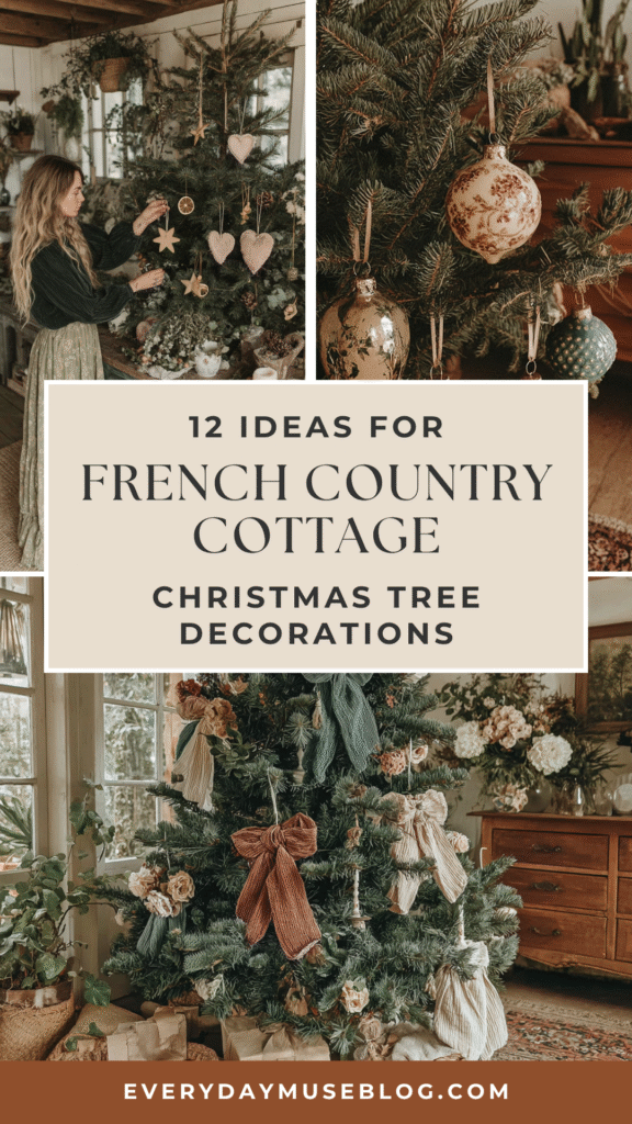 French country cottage style Christmas tree with vintage ornaments and decor ideas.