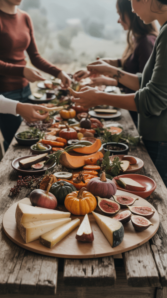 A rustic autumnal spread with assorted cheeses, figs, pumpkins, and gourds on a wooden table, people serving themselves.