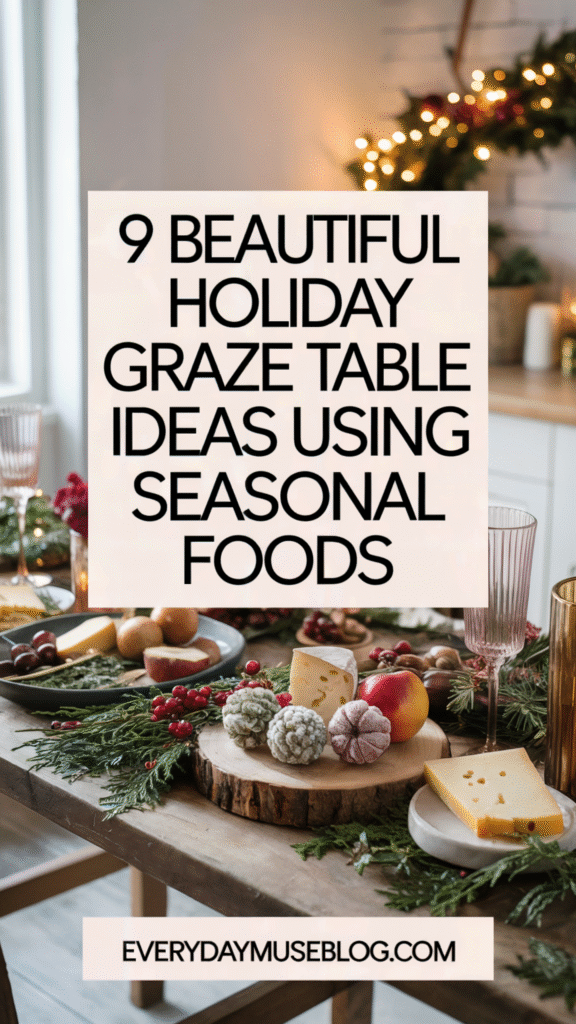 Festive holiday graze table with seasonal foods like cheese, fruit, and candles. Cozy dining room setting.