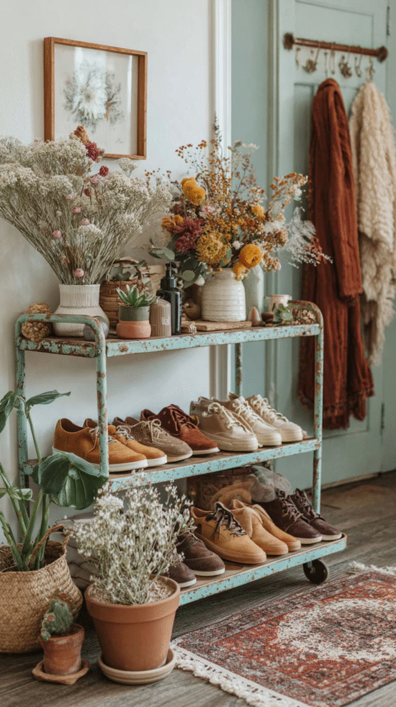 Decorative shoe rack with potted plants and cozy fall decor in a stylish entryway.
