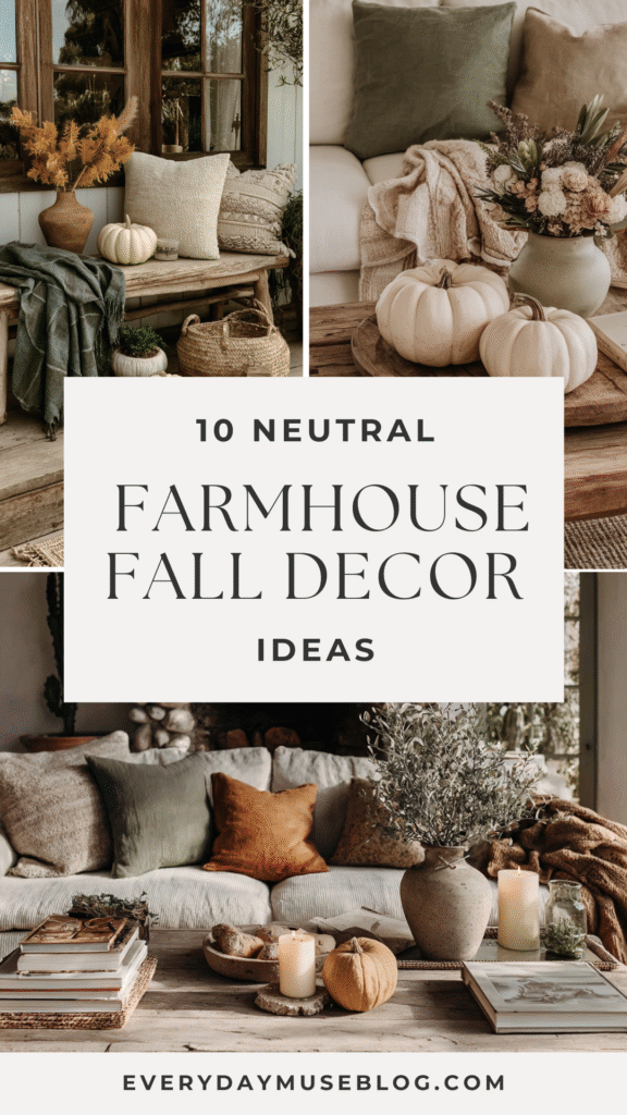 Neutral farmhouse fall decor with pumpkins, cushions, and candles for a cozy autumn ambiance.