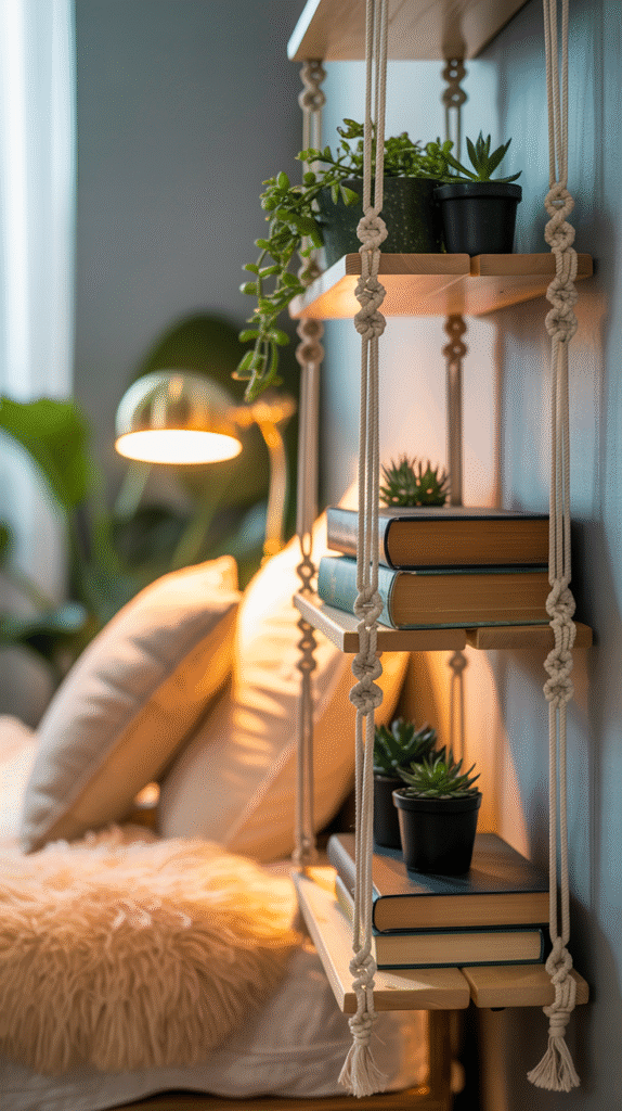 Hanging shelf with plants and books, cozy bedroom decor with warm lighting and macramé elements.