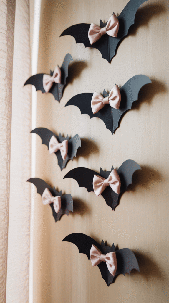 Paper bats with pink bows decorate a wooden wall, creating a chic Halloween-themed decor scene.