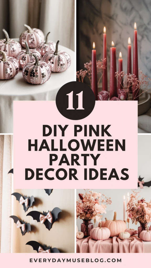 Collage of DIY Pink Halloween Decor Ideas with pumpkins, candles, and bats. Stylish party inspiration from everydailymuseblog.com.