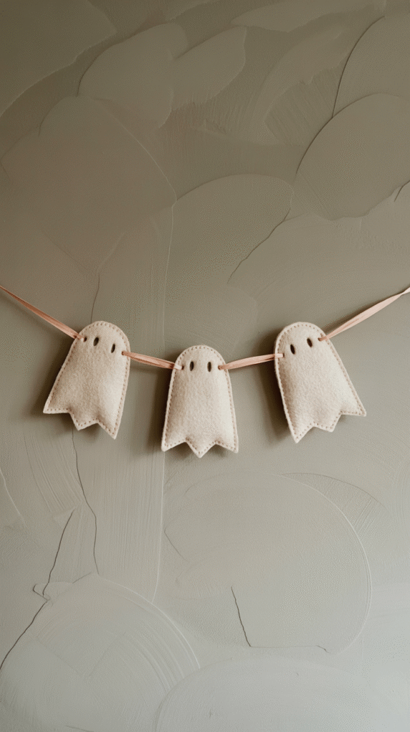 Cute felt ghost decoration garland on textured wall, perfect for Halloween or spooky themed events.
