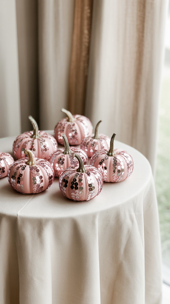 Pink sequined pumpkins on a table, perfect for chic fall or Halloween decor.