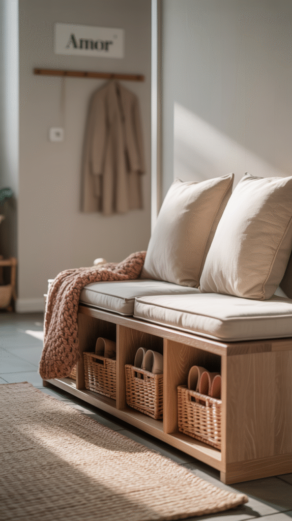 Cozy entryway with a bench, pillows, knitted throw, wicker baskets, and a hanging coat, under soft natural light.