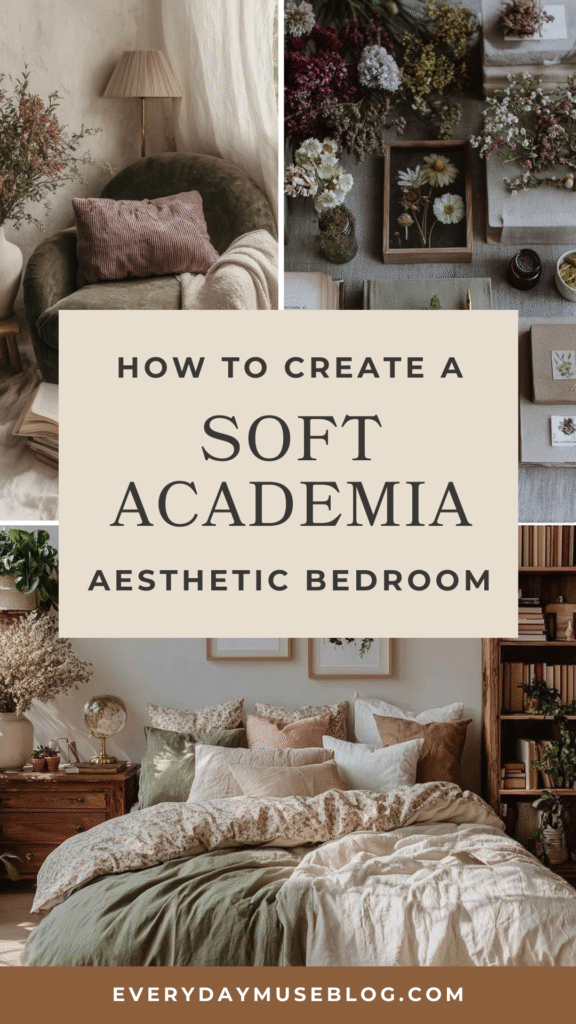 Soft academia-inspired bedroom with cozy decor, earthy tones, books, and floral accents for an aesthetic look.