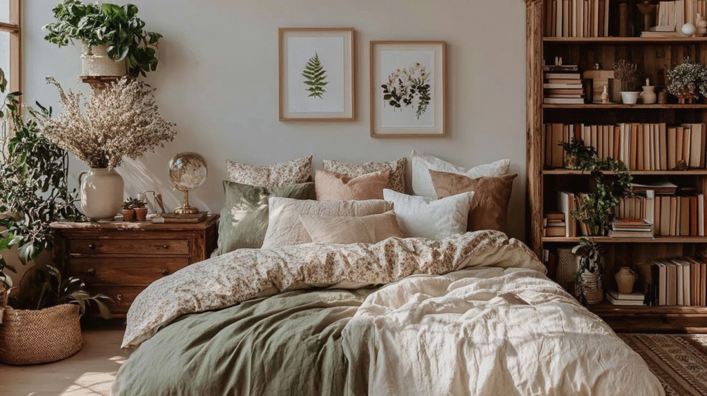 Cozy bedroom with layered pillows, wooden furniture, plants, and bookshelves for a natural, relaxing vibe.