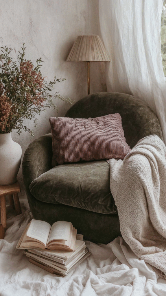 Cozy reading nook with armchair, pillow, blanket, stack of books, vase of flowers, and lamp in serene natural light.