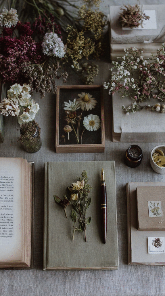 Vintage writing setup with dried flowers, fountain pen, and books on a linen cloth.