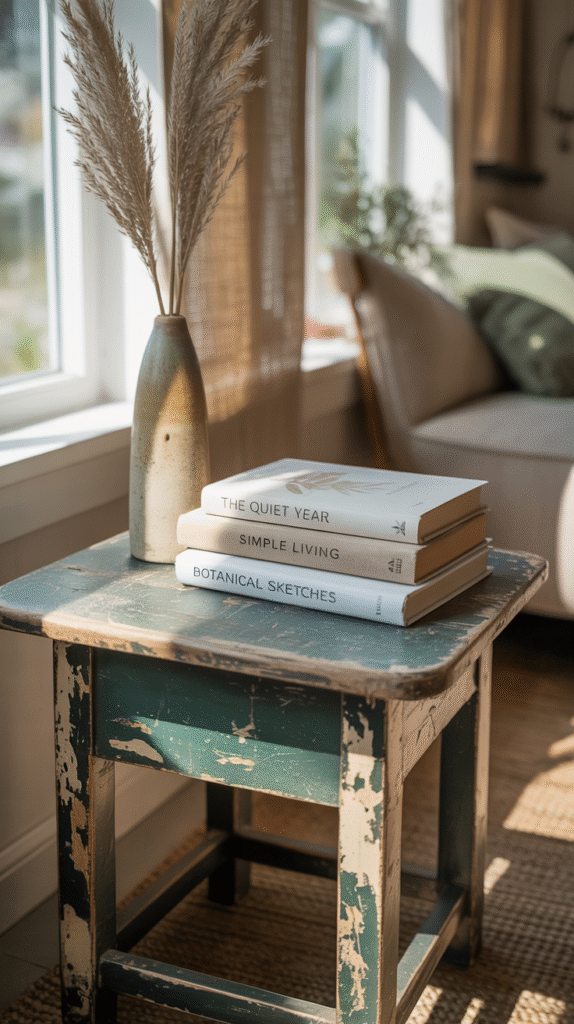 Cozy corner with stacked books, vase with pampas grass on rustic table by sunny window.