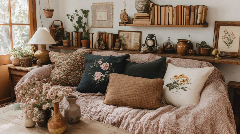 Cozy vintage living room with floral pillows and bookshelf, featuring warm lighting and rustic decor.