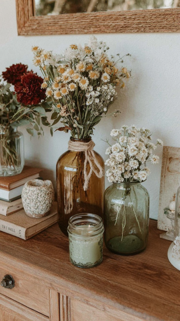 Vintage wooden table with decorative vases of wildflowers and a lit candle in rustic home decor setting.