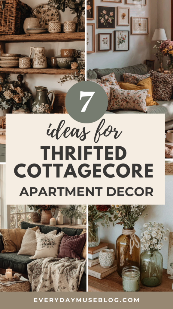 7 thrifty cottagecore decor ideas for cozy apartment living. Vintage vibes with florals, pottery, and earthy tones.