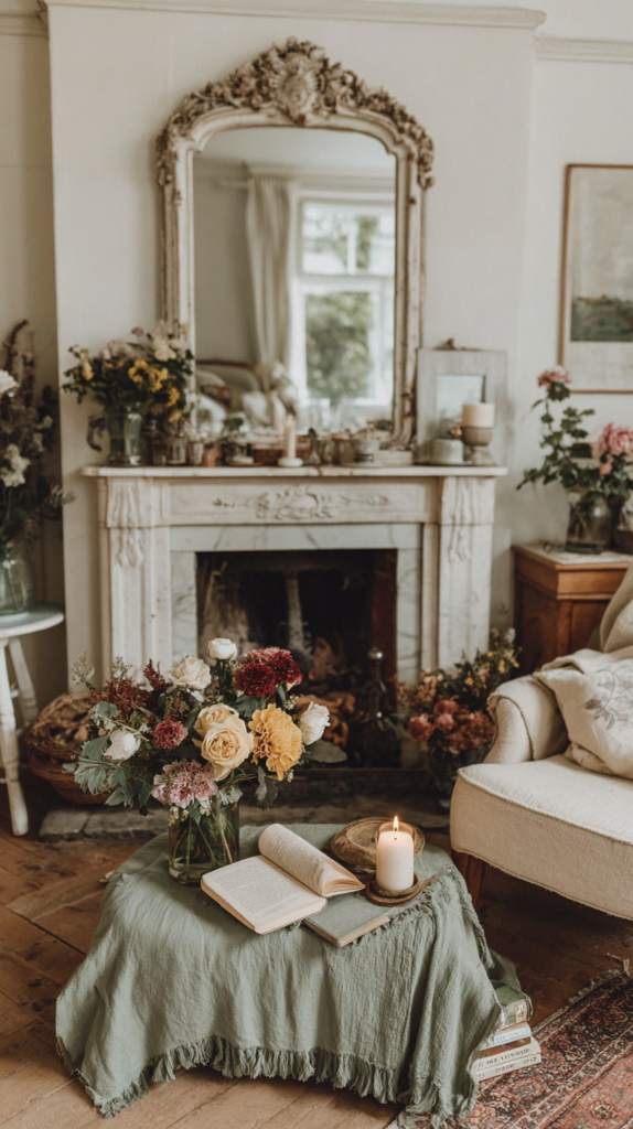 Cozy vintage living room with floral decor, a mirror, and a candlelit table covered with books and a green cloth.