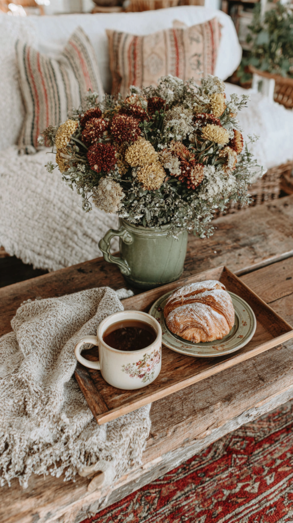 Cozy living room with flowers, coffee, and croissant on rustic wood table, featuring textured pillows and blanket.