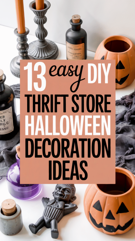 13 easy DIY thrift store Halloween decoration ideas with candles, bottles, and pumpkin decor.