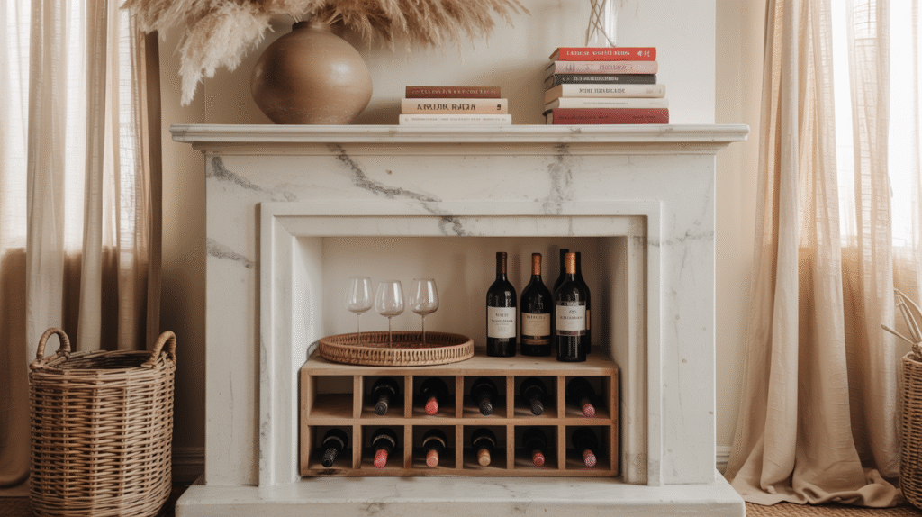 Chic marble fireplace with wine bottles, glasses, and pampas grass decor, creating a cozy and elegant living room ambiance.