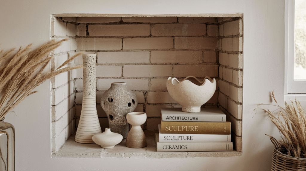 Modern decor with vases and books on architecture. Neutral tones and textured surfaces create a minimalist aesthetic.