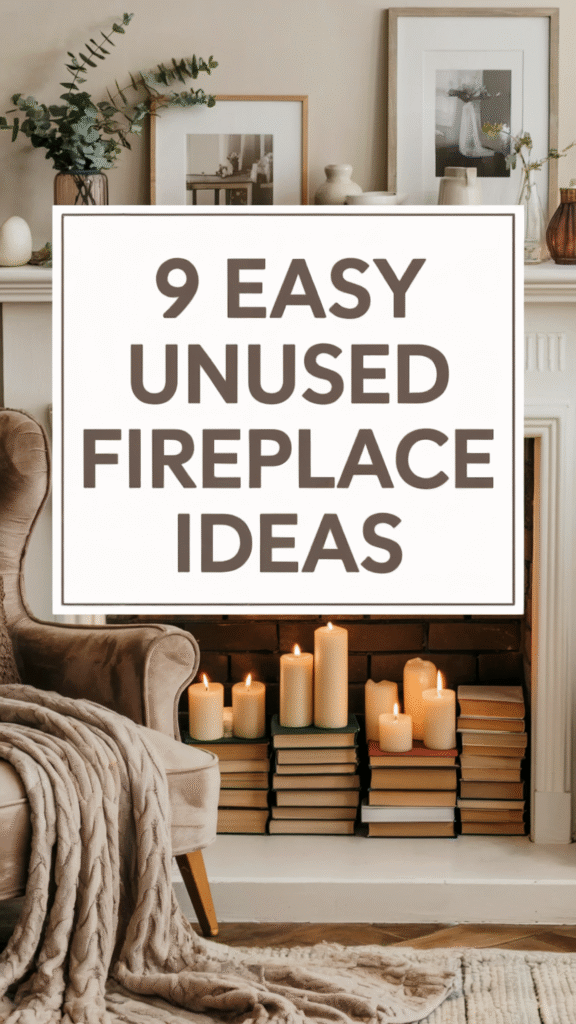 Cozy living room with candles and books in unused fireplace, styled with elegant decor.