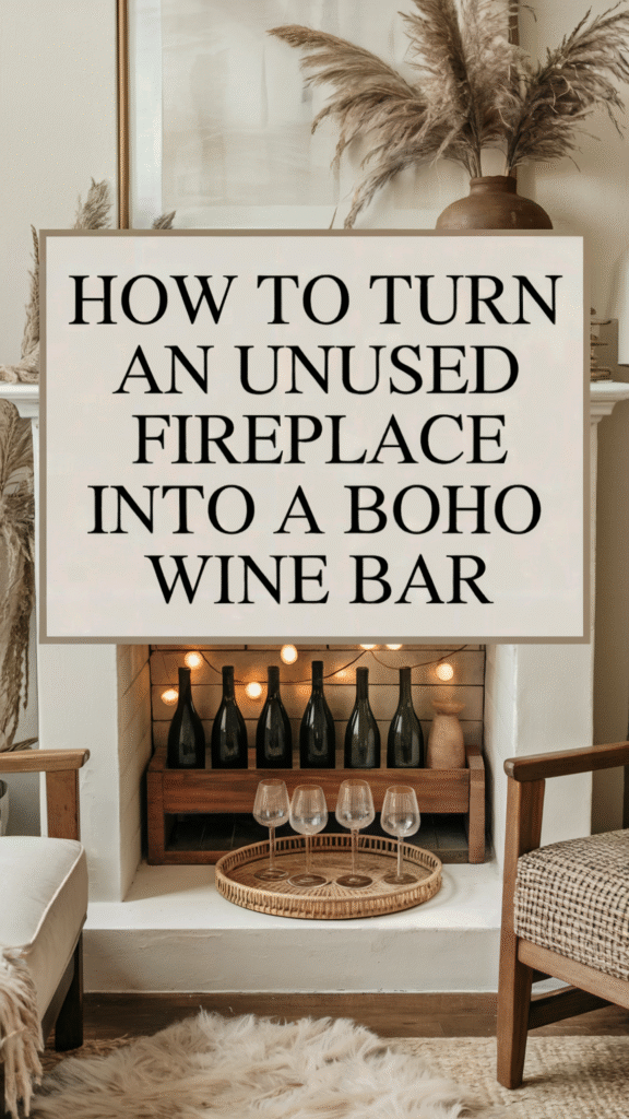 Convert your unused fireplace into a chic boho wine bar with bottles, glasses, and decor accents.