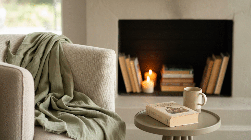 Cozy reading nook with soft armchair, green blanket, book, and candlelit ambiance near a fireplace.