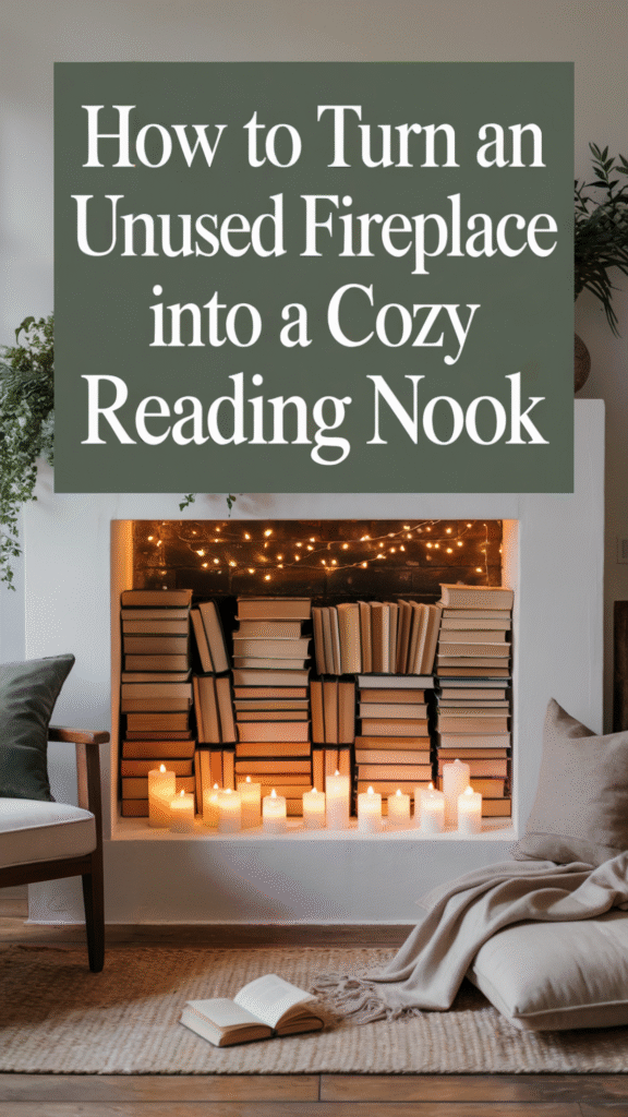 Cozy reading nook with books and candles in an unused fireplace, inviting warm atmosphere for book lovers.