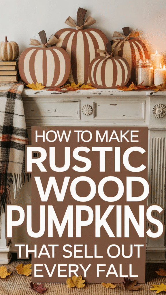DIY rustic wood pumpkins tutorial on mantel with fall decor and candles. Perfect autumn crafts that sell out quickly.