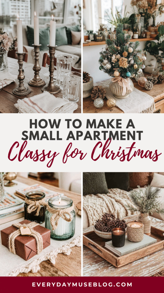 Cozy Christmas decor ideas for small apartments with candles, gifts, and a mini tree. Visit everydaymuseblog.com for tips.
