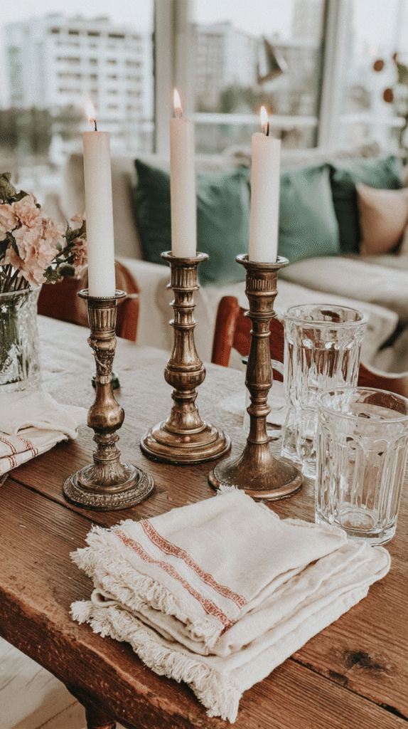Elegant vintage candlesticks with lit candles on a rustic wooden table with folded napkins and glassware. Cozy interior.