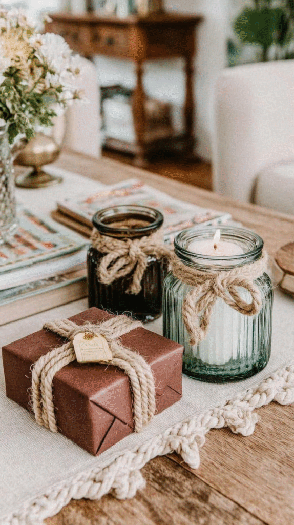Rustic decor: lit candle in a jar with twine, gift box, and flowers on a wooden table for cozy home ambiance.
