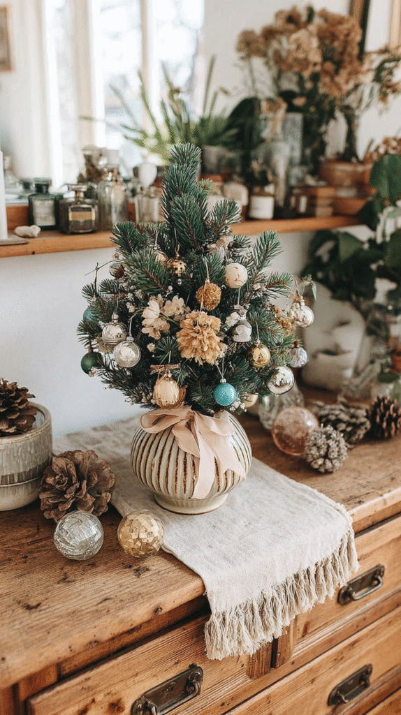 Small decorated Christmas tree in a ceramic vase with ornaments and a pink ribbon on a wooden dresser.
