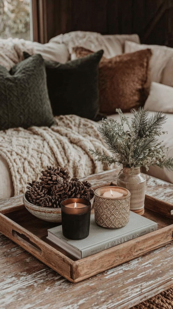 Cozy living room decor: candles, pinecones, and greenery on a rustic tray with plush pillows in the background.