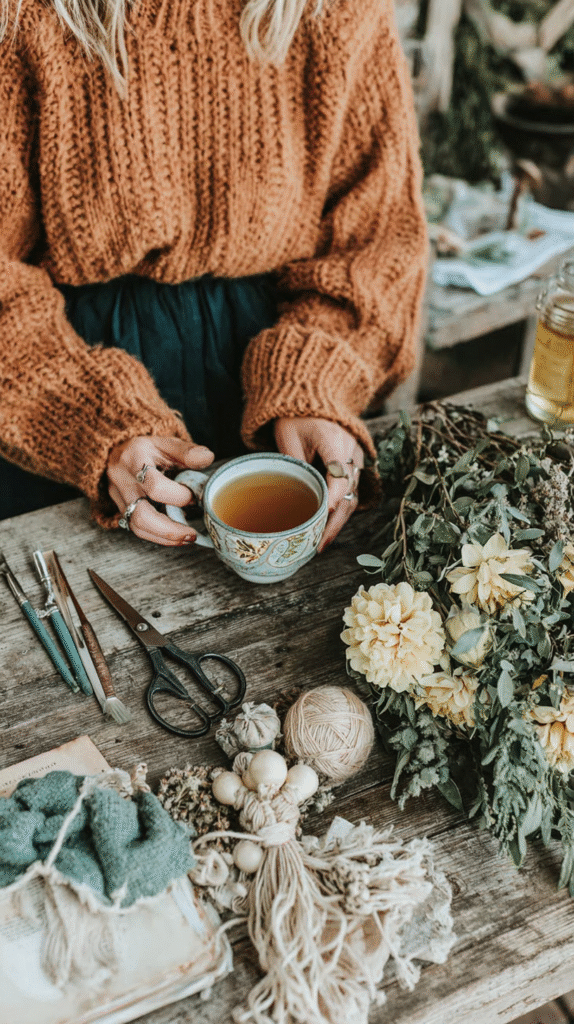 Person holding tea in ceramic mug, crafting tools, yarn, and dried flowers on rustic wooden table. Cozy autumn vibe.
