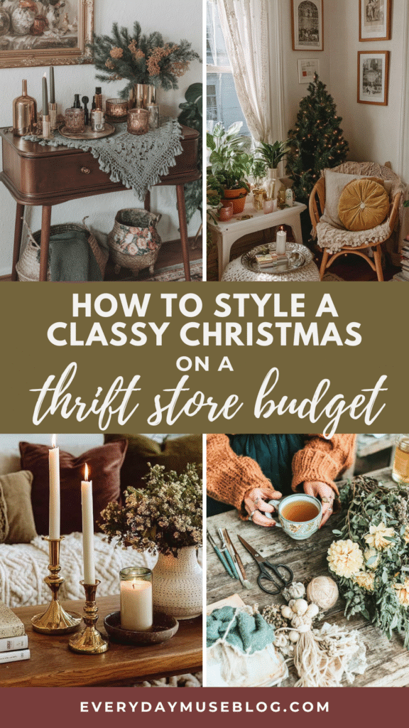 Classy Christmas decor ideas with thrift finds, featuring cozy accents and DIY crafts. Visit everydaymuseblog.com.