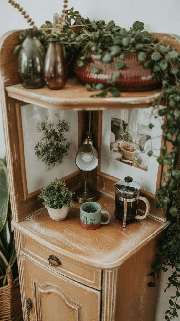 Cozy corner with vintage cabinet, rustic decor, plants, French press, and blue mug; warm, inviting ambiance.