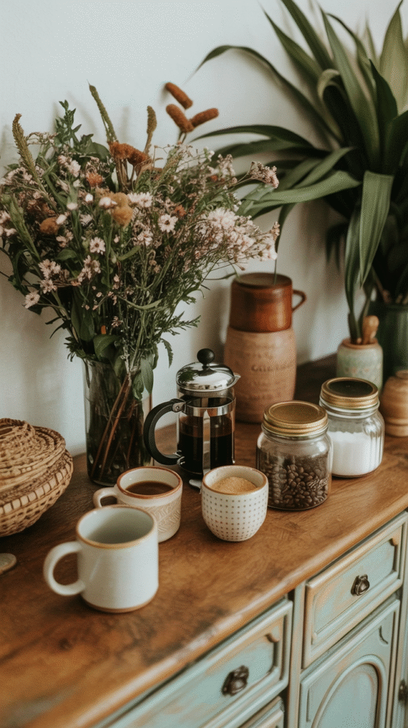 Cozy coffee setup with French press, mugs, and flowers on a rustic table for a warm, inviting atmosphere.