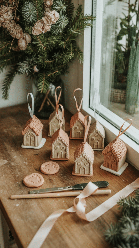 Handmade clay house ornaments with ribbon on a wooden table near pine branches, perfect for rustic holiday decor.