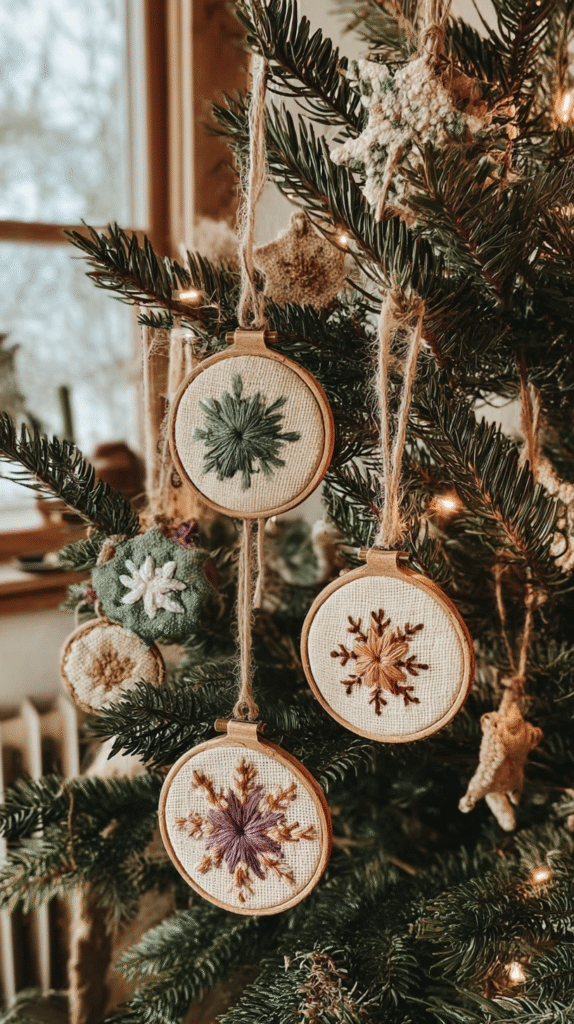 Hand-embroidered ornaments on Christmas tree, festive decor with star designs, cozy holiday atmosphere.