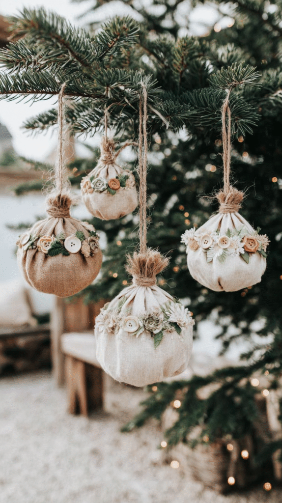 Rustic Christmas ornaments with burlap and button details hanging on a festive tree branch.