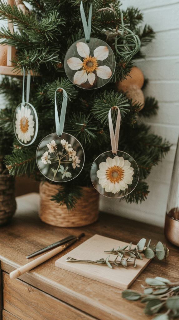 Decorative dried flower ornaments hanging on a small Christmas tree with crafting tools nearby.