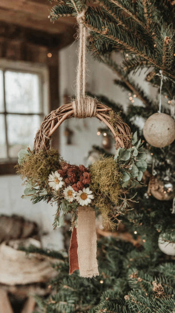 Rustic Christmas wreath with flowers and greenery hanging on a tree, cozy holiday decor setting.