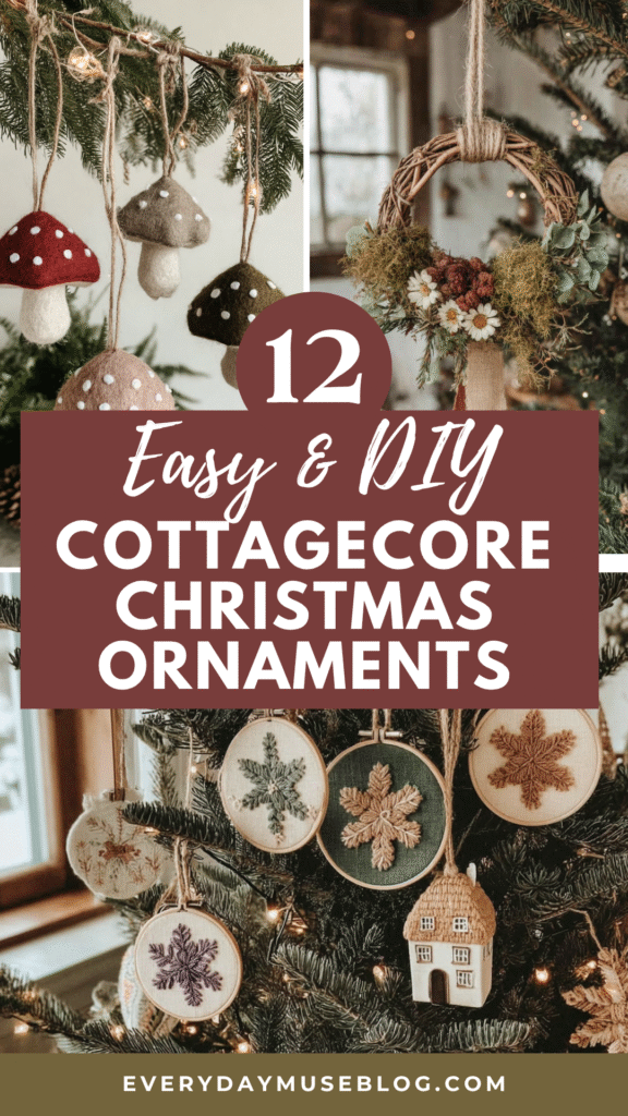 12 DIY cottagecore Christmas ornaments: mushrooms, wreaths, embroidery hoops for a rustic holiday vibe.