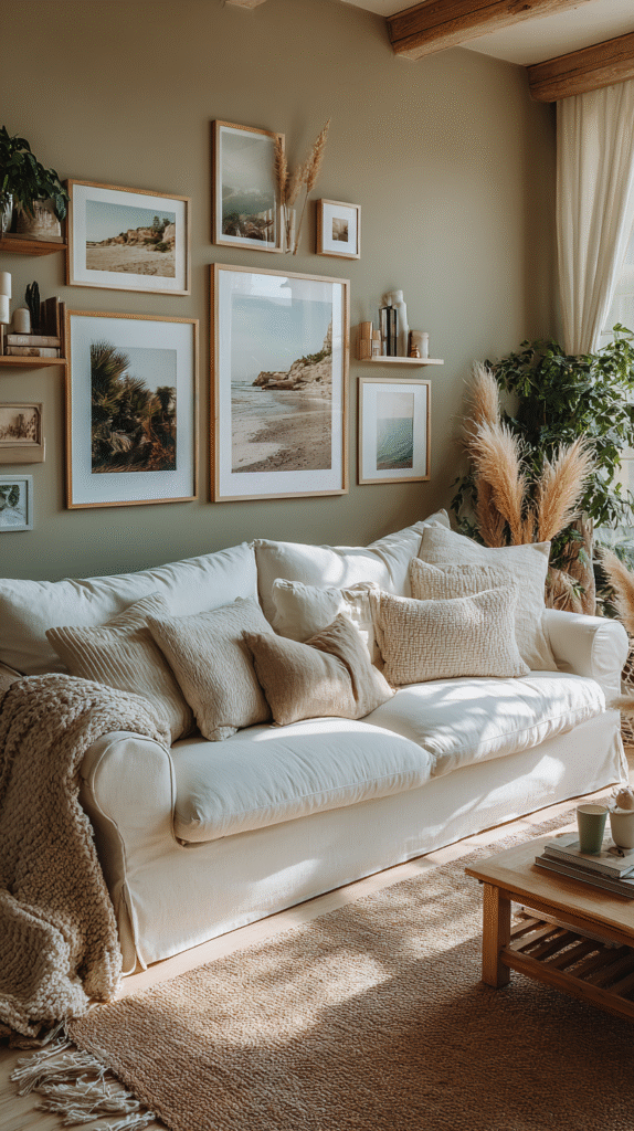 Cozy beige living room with framed beach photos, neutral sofa, and rustic decor.